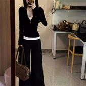 上衣内搭背心阔腿裤 辣妹风黑色休闲套装 长袖 修身 运动三件套 女秋季