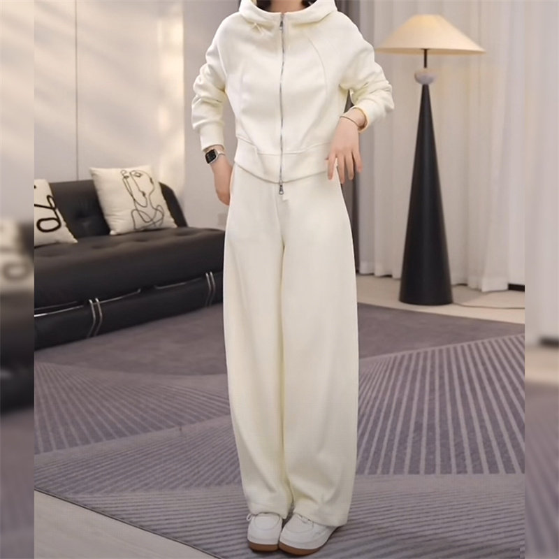 欧货时尚休闲套装女秋冬新款洋气高级感连帽拉链卫衣阔腿裤两件套