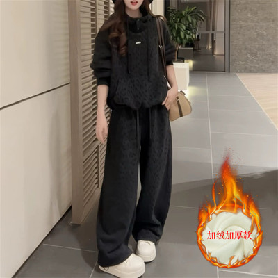 黑色连帽卫衣时尚休闲套装女加绒