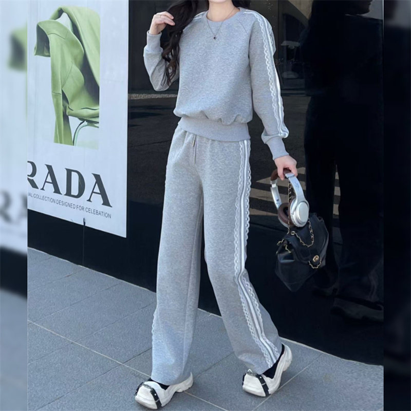 2025春秋季新款休闲运动套装女显瘦洋气蕾丝拼接卫衣阔腿裤两件套