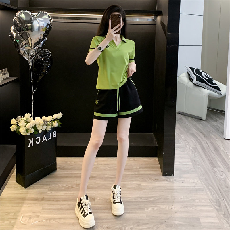运动服休闲套装女夏季新款宽松显瘦减龄polo领短袖短裤跑步两件套