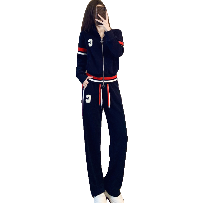 拉链卫衣阔腿裤两件套休闲套装女