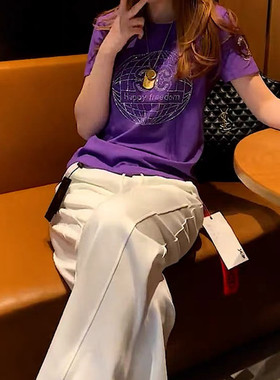 重工烫钻紫色短袖休闲套装女2026夏季新款宽松显瘦阔腿裤两件套潮