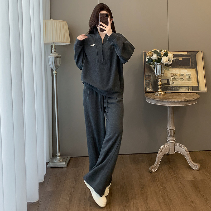 韩版时尚休闲套装女秋冬高级感慵懒风半拉链卫衣阔腿裤运动两件套