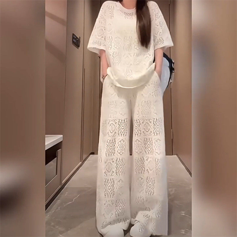 欧货时尚休闲套装女夏季新款洋气减龄蕾丝镂空短袖阔腿裤两件套潮