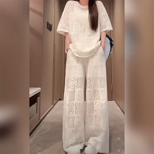 减龄蕾丝镂空短袖阔腿裤两件套潮