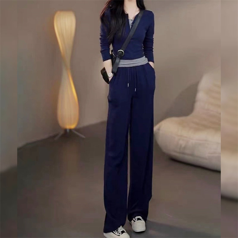 韩系时尚休闲套装女秋冬新款修身减龄气质假两件上衣阔腿裤两件套