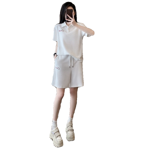 白色POLO领短袖短裤休闲套装女夏