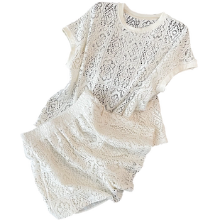 减龄穿搭一整套蕾丝短袖短裤休闲套装女夏新款宽松洋气运动两件套