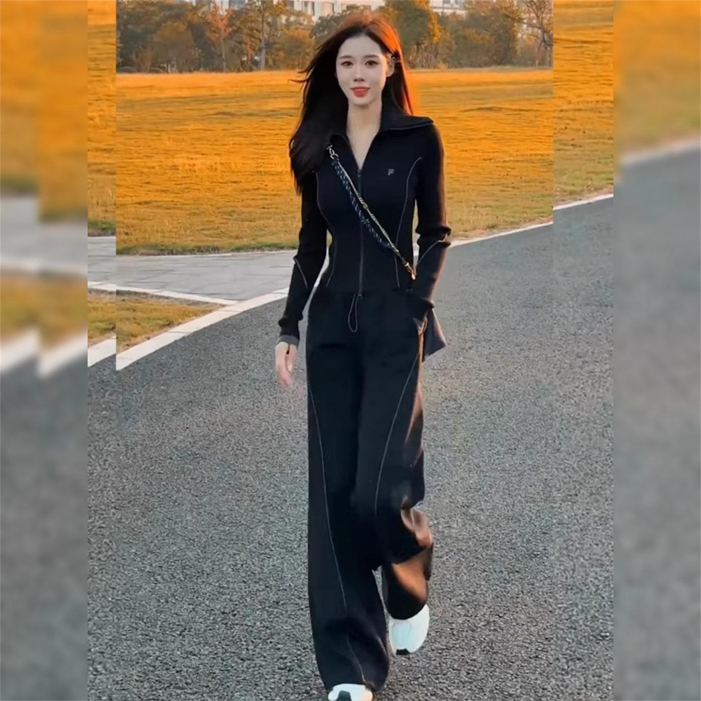 高级感休闲运动套装女2026春季时尚减龄修身拉链开衫阔腿裤两件套