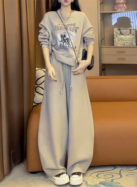 韩版时尚休闲套装女秋冬新款慵懒风加绒印花圆领卫衣弯刀裤两件套