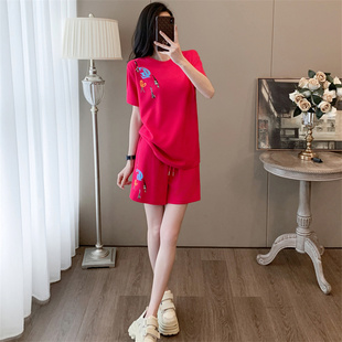 红色短袖短裤休闲套装女2024夏季新款宽松显瘦减龄洋气运动两件套