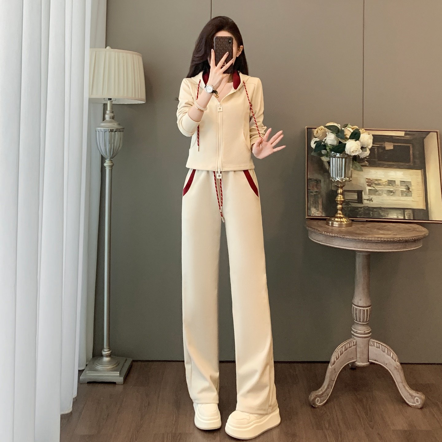 欧货时尚休闲套装女秋冬季修身显瘦连帽拉链卫衣阔腿裤运动两件套