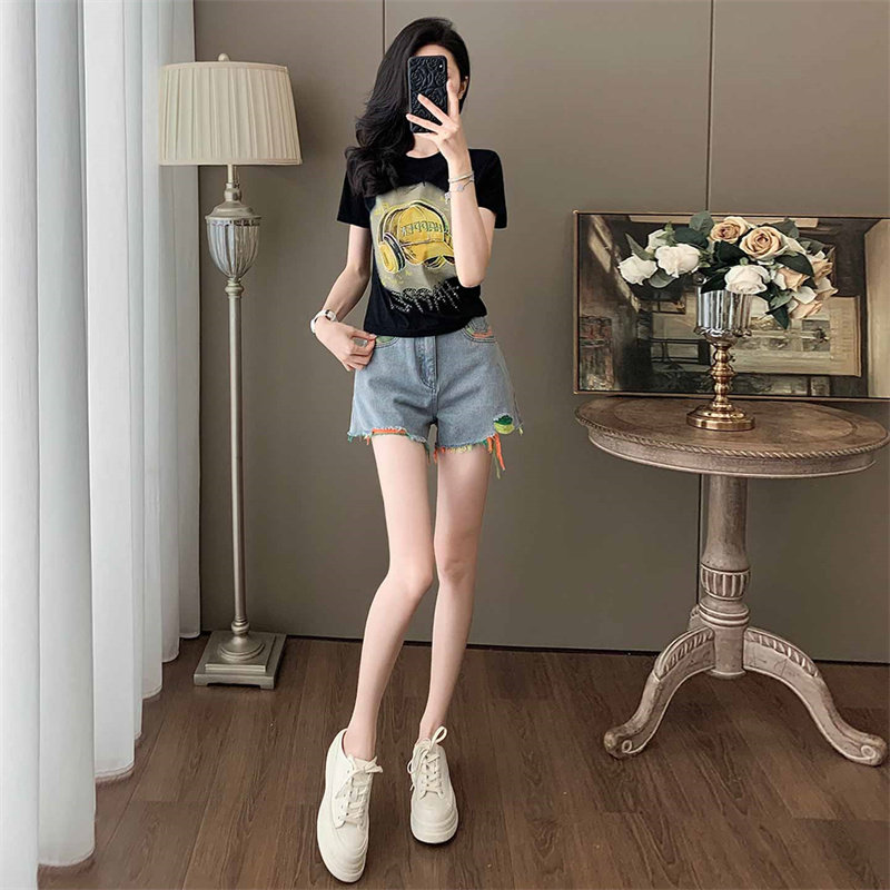 高级感休闲套装女夏季新款洋气显瘦烫钻短袖牛仔短裤减龄两件套潮
