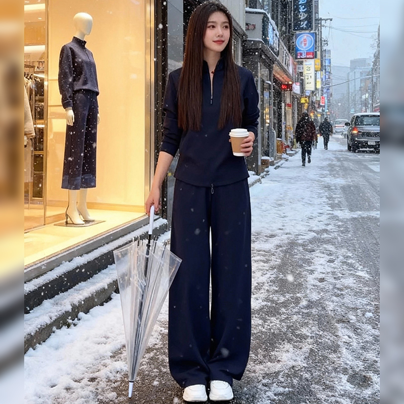 深蓝色休闲套装女秋冬韩系穿搭立领拉链卫衣显瘦阔腿裤运动两件套