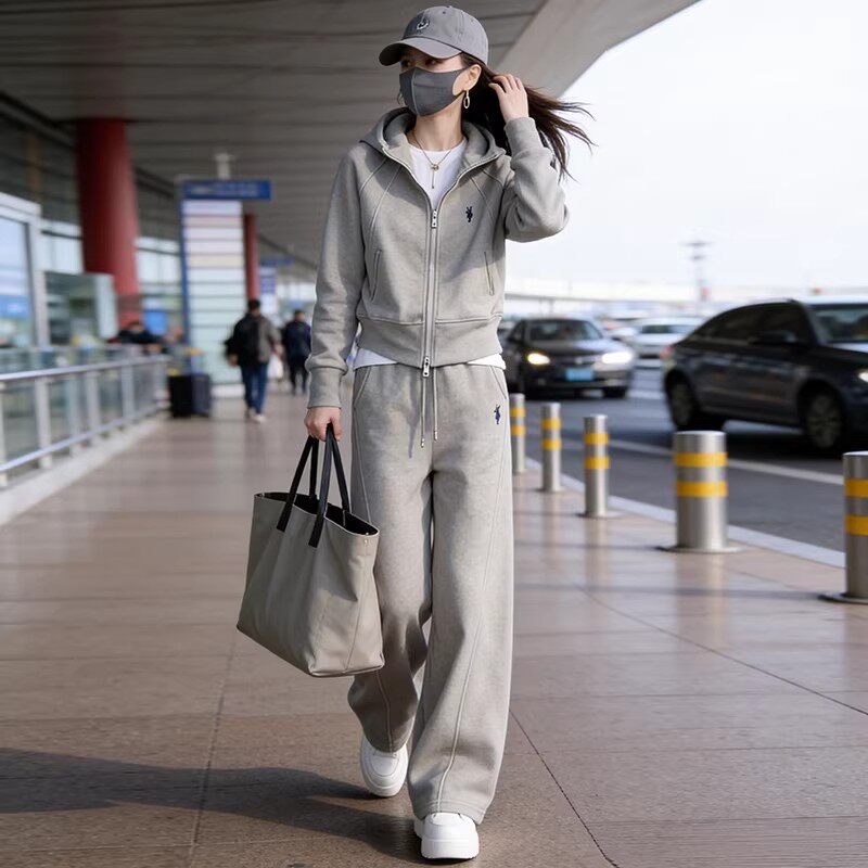 欧货休闲运动套装女春秋新款季洋气连帽灰色拉链卫衣阔腿裤两件套
