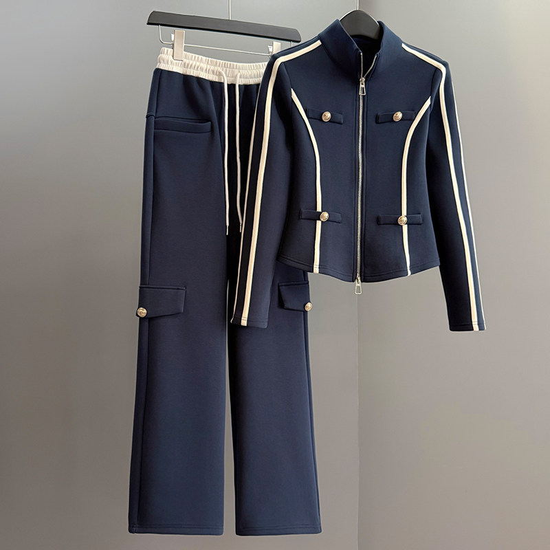 高级感时尚休闲套装女2026春季新款修身显瘦立领开衫阔腿裤两件套