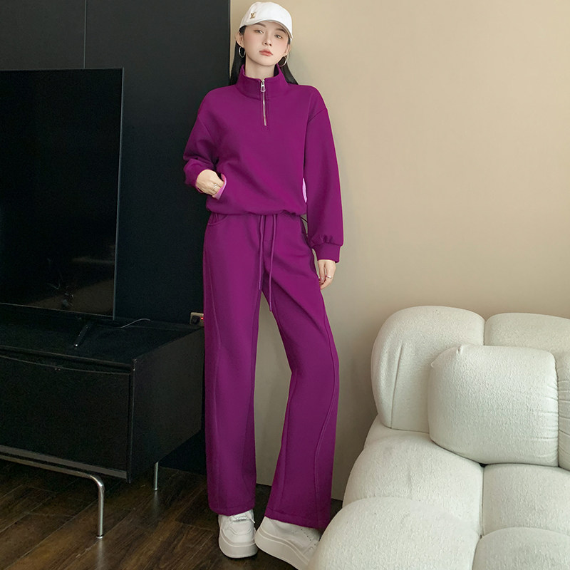 紫色半拉链卫衣阔腿裤运动两件套