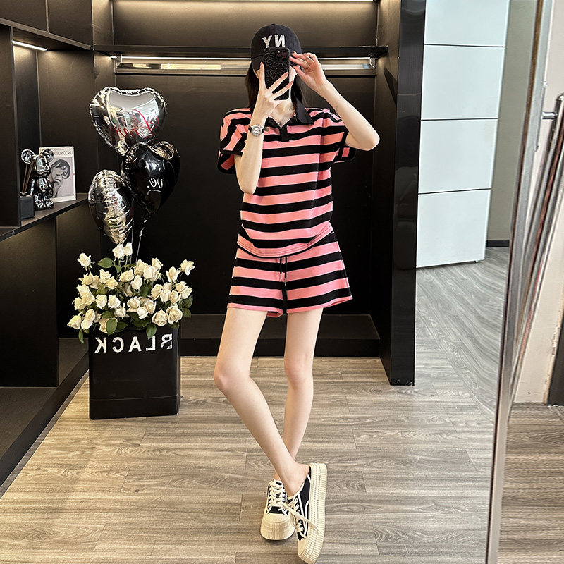 休闲运动套装女2025夏季新款时尚洋气减龄条纹短袖阔腿裤两件套潮