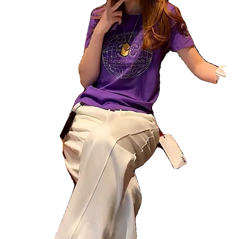 重工烫钻紫色短袖休闲套装女夏季