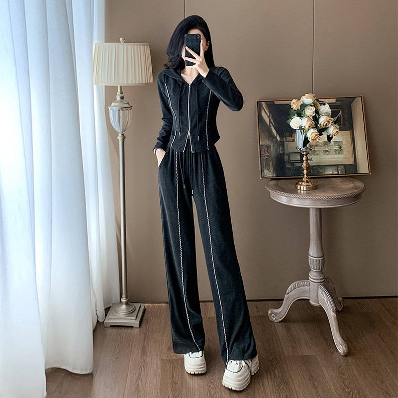 连帽拉链卫衣阔腿裤休闲套装女