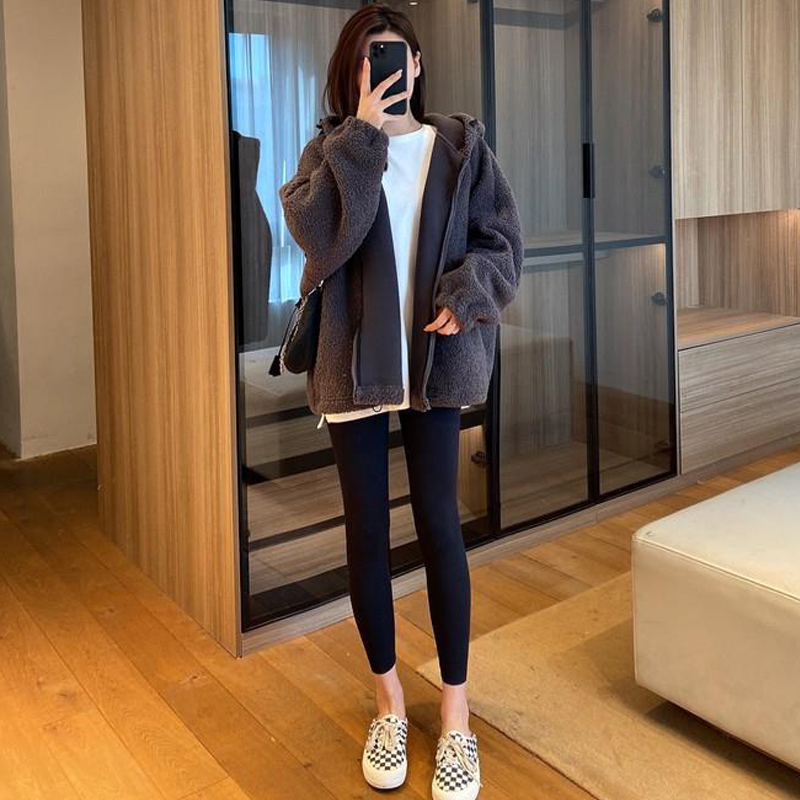 休闲连帽拉链羊羔绒外套女秋冬新款宽松加绒加厚保暖颗粒绒卫衣潮