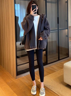 休闲连帽拉链羊羔绒外套女秋冬新款宽松加绒加厚保暖颗粒绒卫衣潮