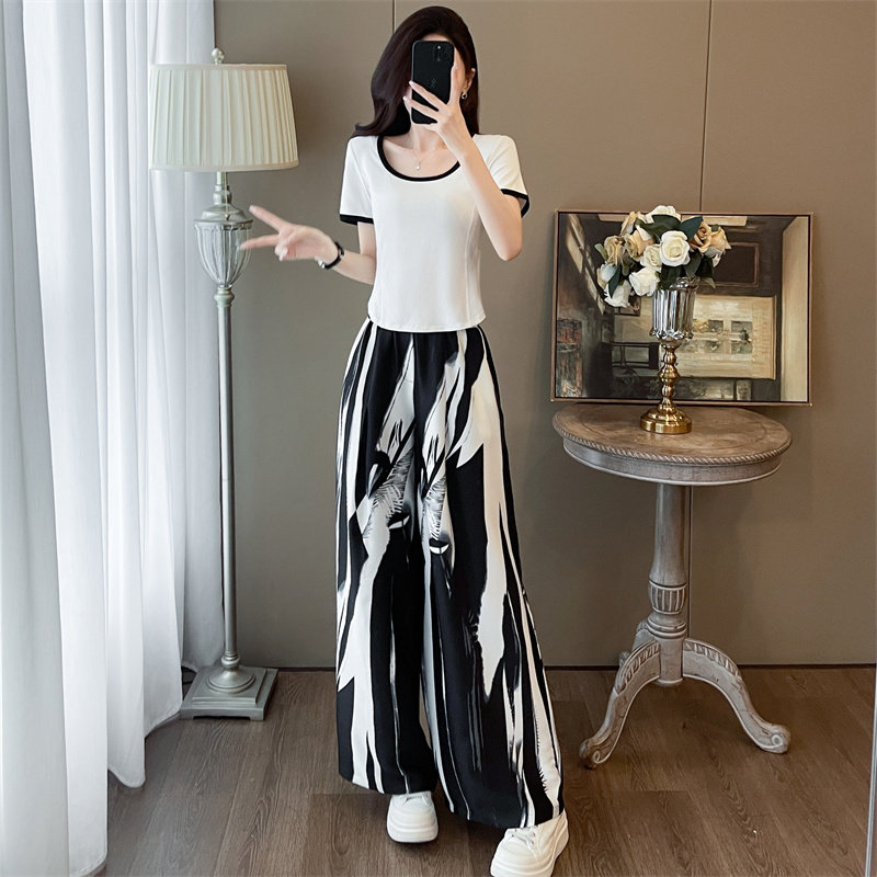 夏天搭配一整套时尚短袖阔腿裤2026年新款修身显瘦减龄休闲套装女