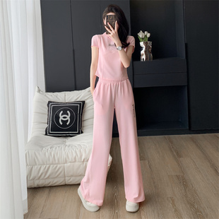 粉色休闲套装女夏新款修身显瘦减龄洋气连帽短袖阔腿裤运动两件套