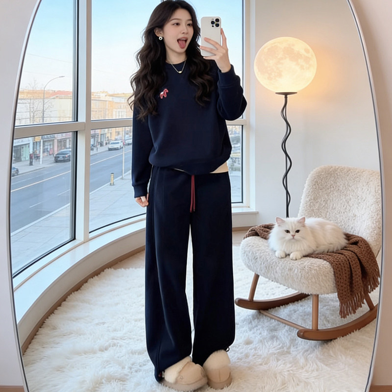 韩版休闲运动套装女2026春季新款宽松显瘦刺绣卫衣阔腿裤两件套潮