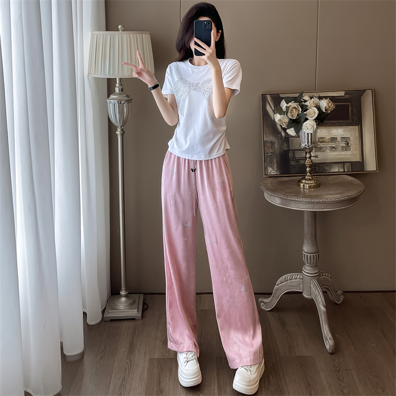 重工烫钻休闲套装女短袖阔腿裤