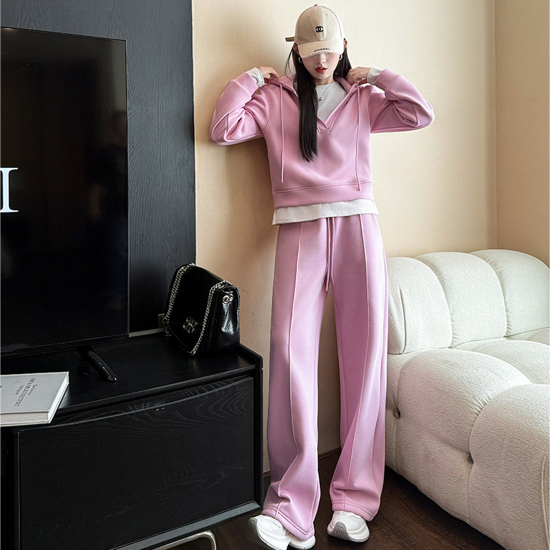 欧货运动休闲套装女春秋新款宽松显瘦假两件连帽卫衣阔腿裤两件套