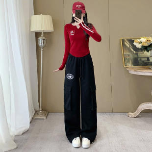 休闲运动套装女秋冬季新款修身长袖T恤工装裤两件套团队演出服装