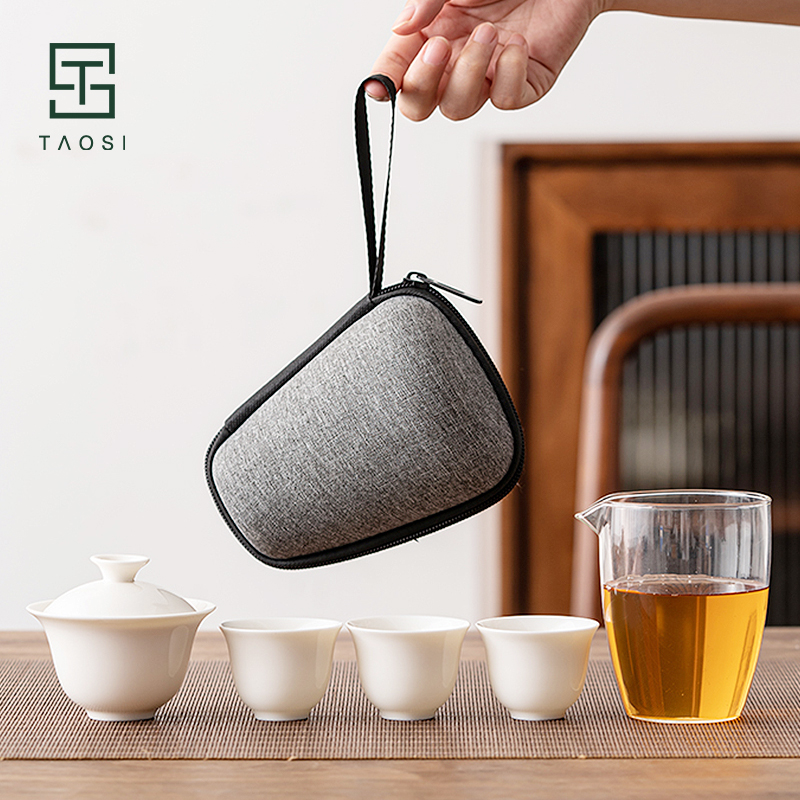 德化羊脂玉盖碗旅行茶具配三杯