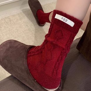 本命年红色兔羊毛egg袜子巨好搭 秋冬软糯保暖中筒袜菱格堆堆袜