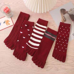 大红色五指袜子女款纯棉秋冬季本命年红袜子吸汗防臭抗菌分趾袜子