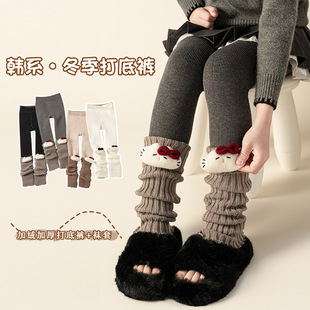 女童公仔打底裤秋冬竖条纹儿童卡通玩偶加绒加厚拼接堆堆连裤袜