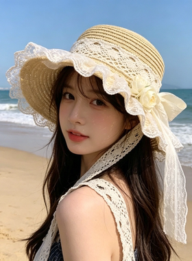 海边草帽蕾丝蝴蝶结遮阳帽田园风lo娘软妹草帽夏季出游沙滩帽子女