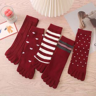 酒红色五指袜子女秋冬季不掉色纯棉本命年吸汗透气高筒分趾袜子