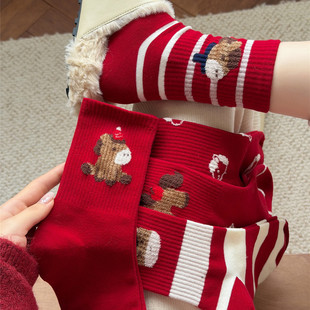 属马红袜子女本命年中筒袜秋冬新年马年青少年男女同款纯棉中筒袜