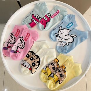 短筒潮流ins日系拼色船袜 蜡笔小新袜子女短袜浅口可爱卡通春夏季