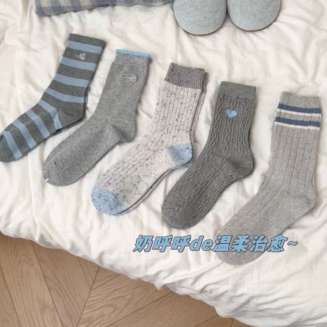 韩版ins博主灰色系列百搭女袜简约风棉袜保暖舒适中筒时尚推推袜