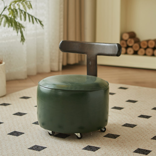 覆古万向轮小凳子家用简易实木矮凳可移动圆凳带靠背2025新款爆款