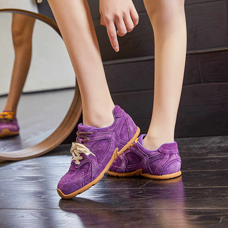 2025新款真皮女鞋平底休闲运动鞋牛皮系带圆头单鞋紫色百搭旅游鞋