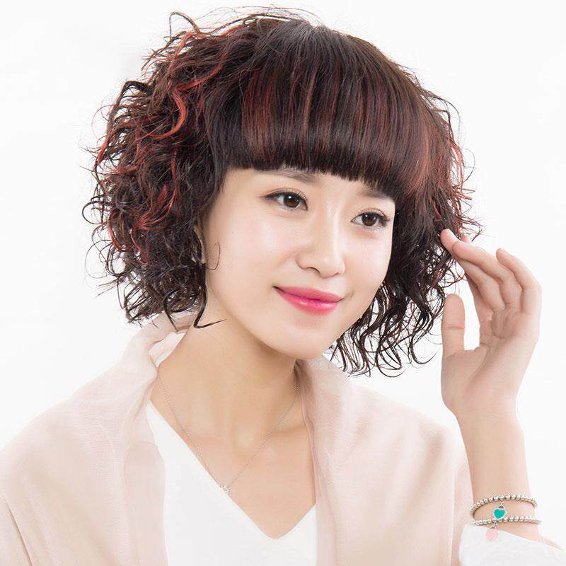 假发女短发短卷发真人发丝真挑染全头套齐刘海全手织卷发自然逼真