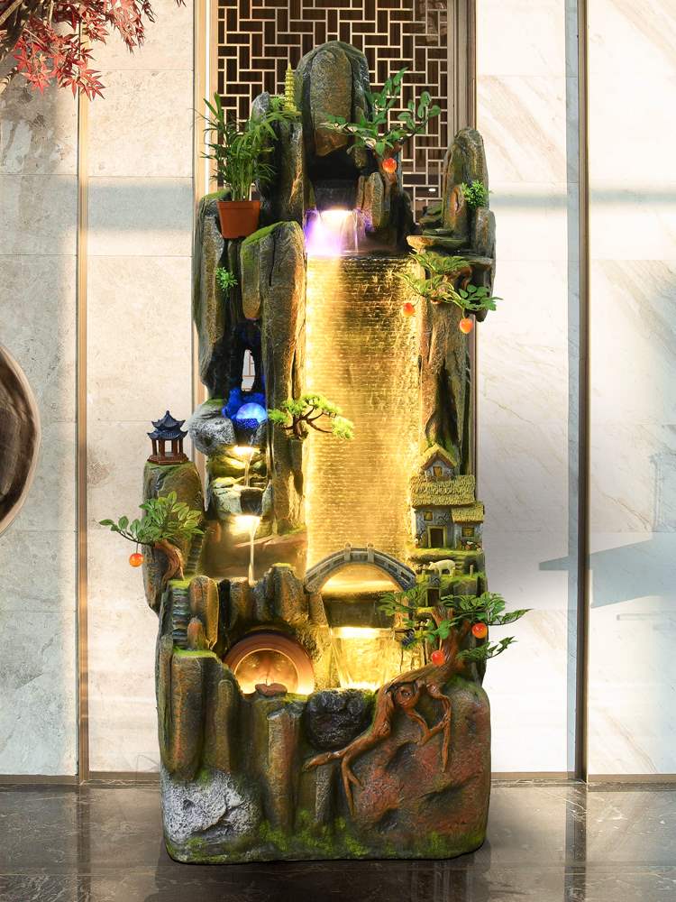 中式假高山流水景观喷泉客厅屏风水幕加湿器办公室内装饰聚财摆件