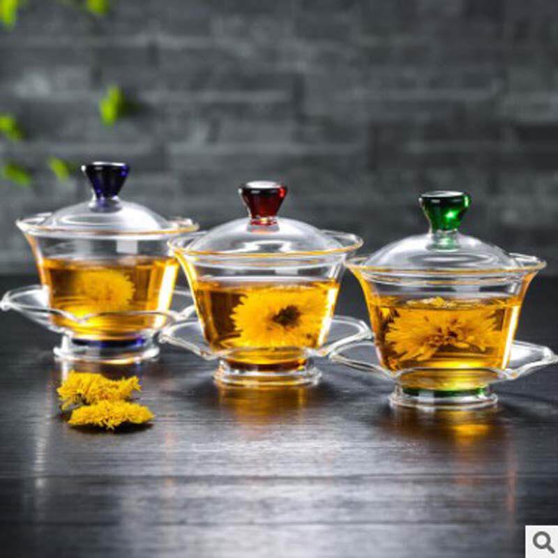 高硼玻璃三才盖碗大号泡茶器加厚透明家用茶杯功夫茶具分茶器青花