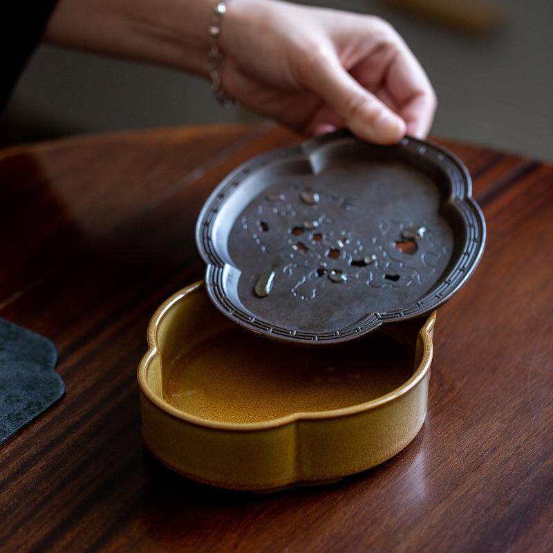 复古太湖石纹海棠壶承小茶盘陶瓷壶托高足铜盖干泡台功夫茶具建水