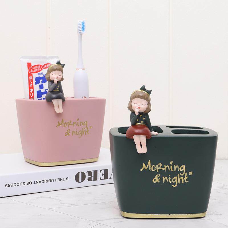 如果 创意梳妆台卡通少女心笔刷置物盒 浴室牙刷收纳盒装饰摆件