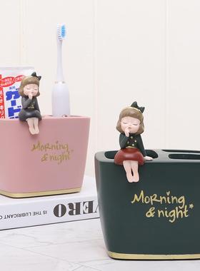 如果 创意梳妆台卡通少女心笔刷置物盒 浴室牙刷收纳盒装饰摆件